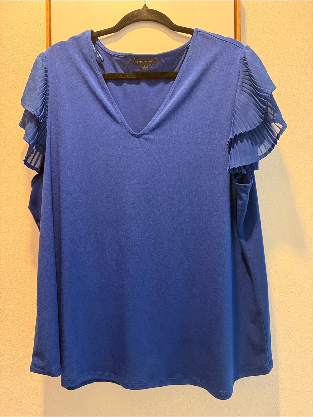 Adrianna Papell Royal Blue V-Neck Cold-Shoulder Top with Pleated Short Sleeves